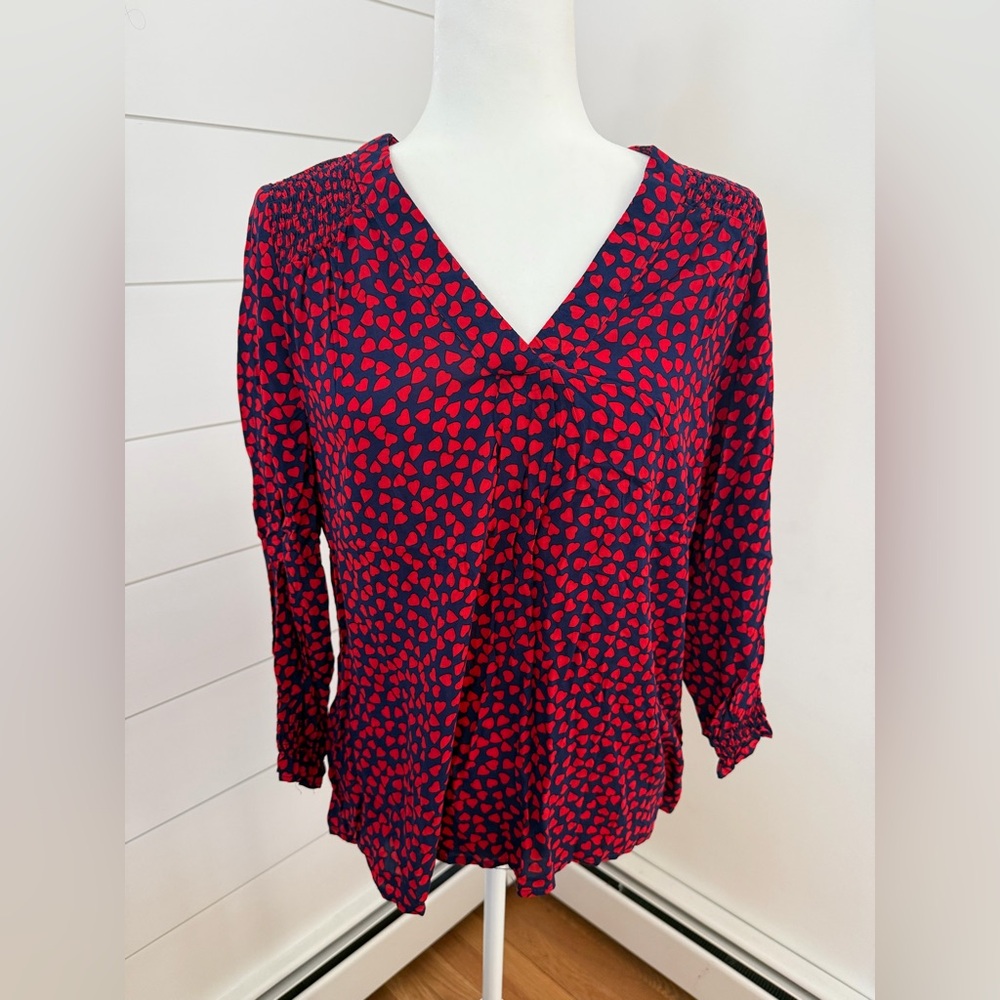 Rachael Roy women’s long sleeve blue blouse with red hearts. Worn once. EUC.